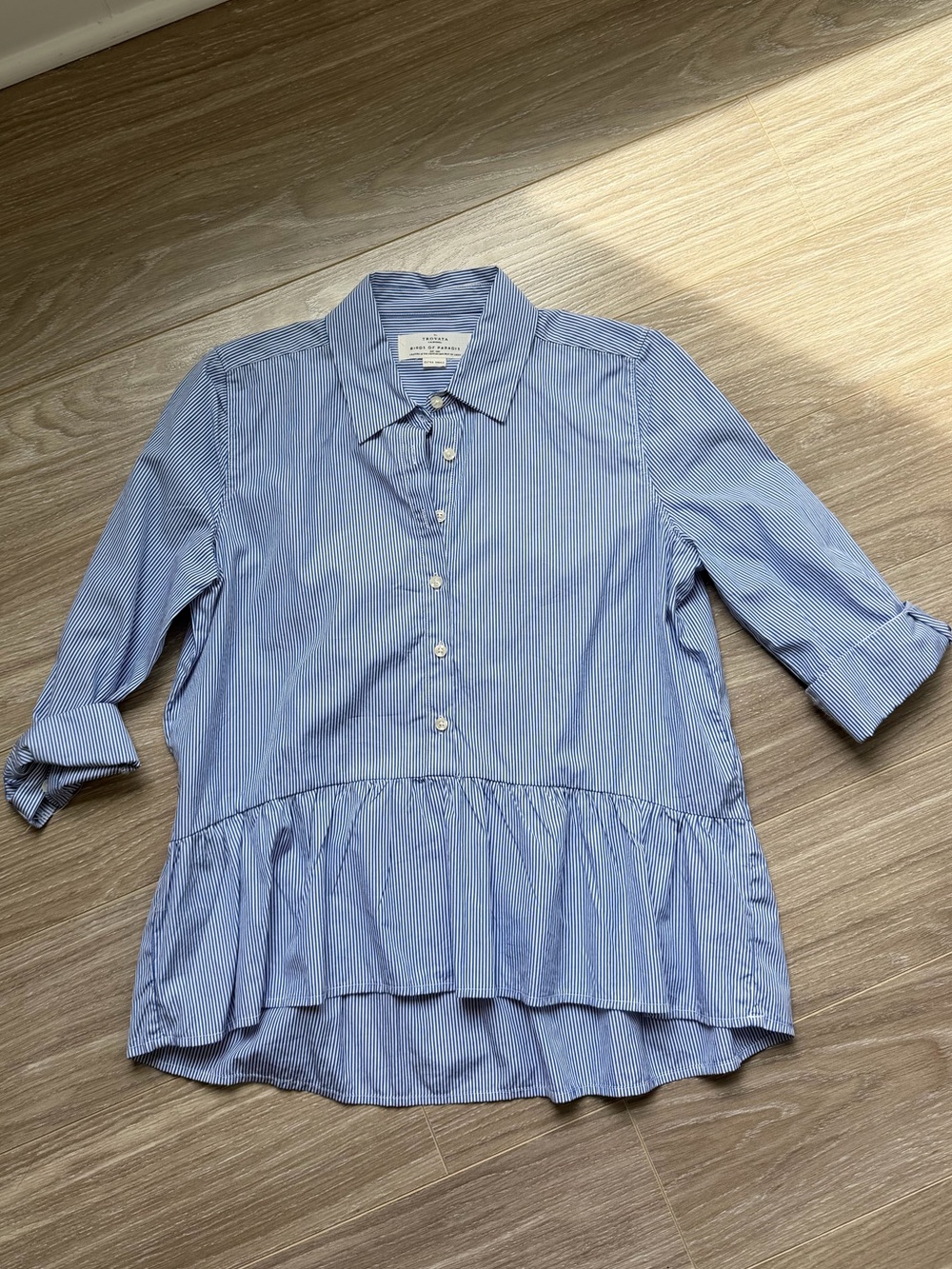 Birds of Paradis by Trovata Stripe Button Down Peplum Blouse Top Sz XS
